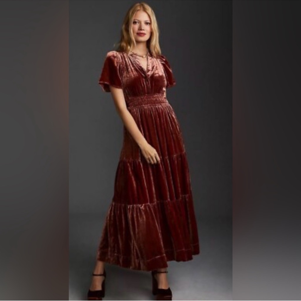 Anthropologie The Somerset Maxi Dress Burnt Orange Velvet Size Xsp